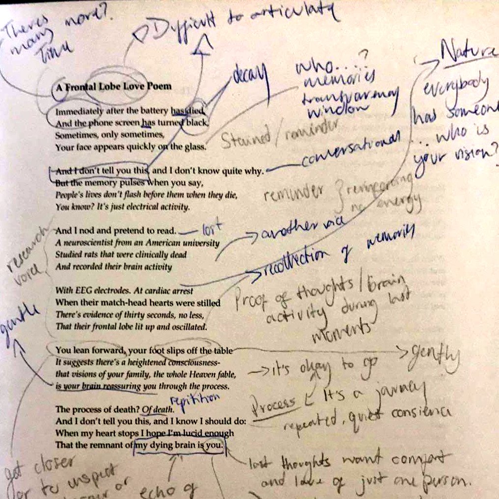 a teacher’s annotations of A Frontal Lobe Love Poem